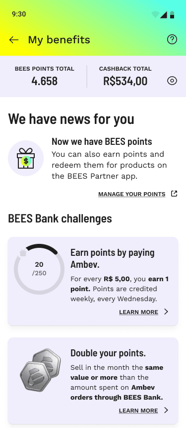 BEES Bank benefits screen
