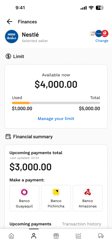 BEES finance page with credit limit and payments summary