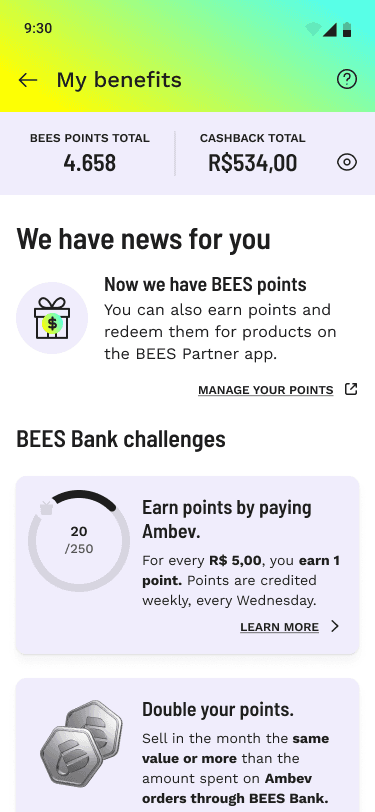 BEES Bank benefits screen with support entry point